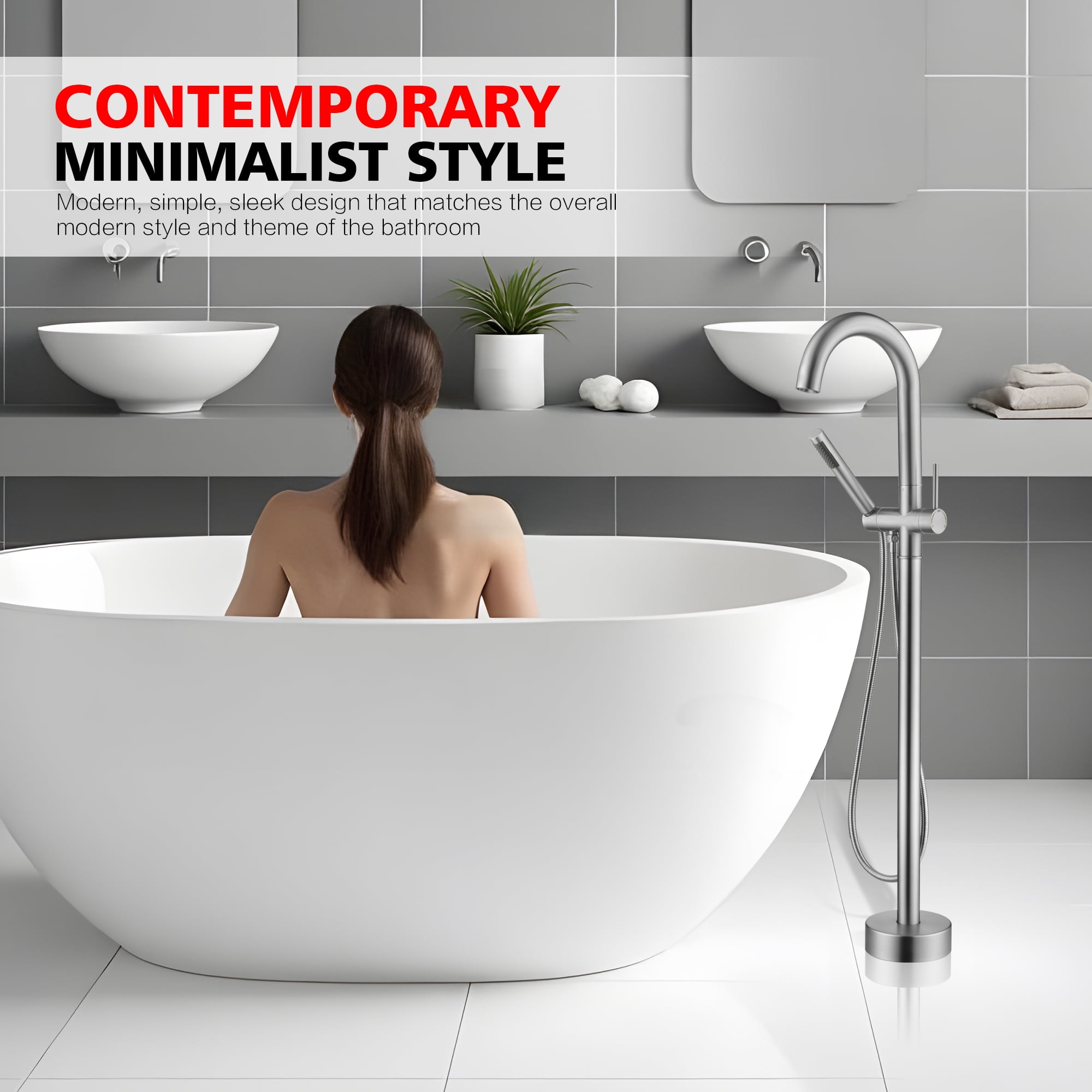 sumerain Freestanding Tub Faucet High Flow with Hand Shower,Modern Floor Mount Tub Filler Faucet Brushed Nickel