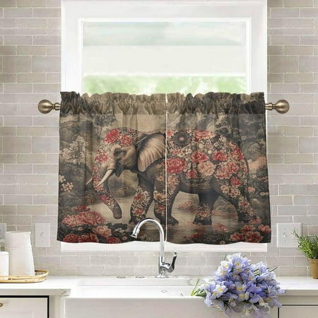BZSMCE Set of 2 Pieces Kitchen Window Curtain Fashion The Enchanted Elephant Printed 27x24in/27x36in