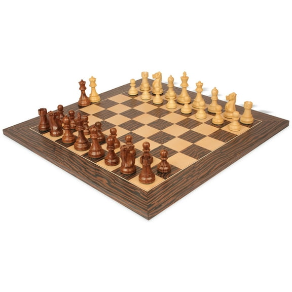 Fischer-Spassky Commemorative Chess Set Golden Rosewood & Boxwood Pieces with Deluxe Tiger Ebony & Maple Board - 3.75" King