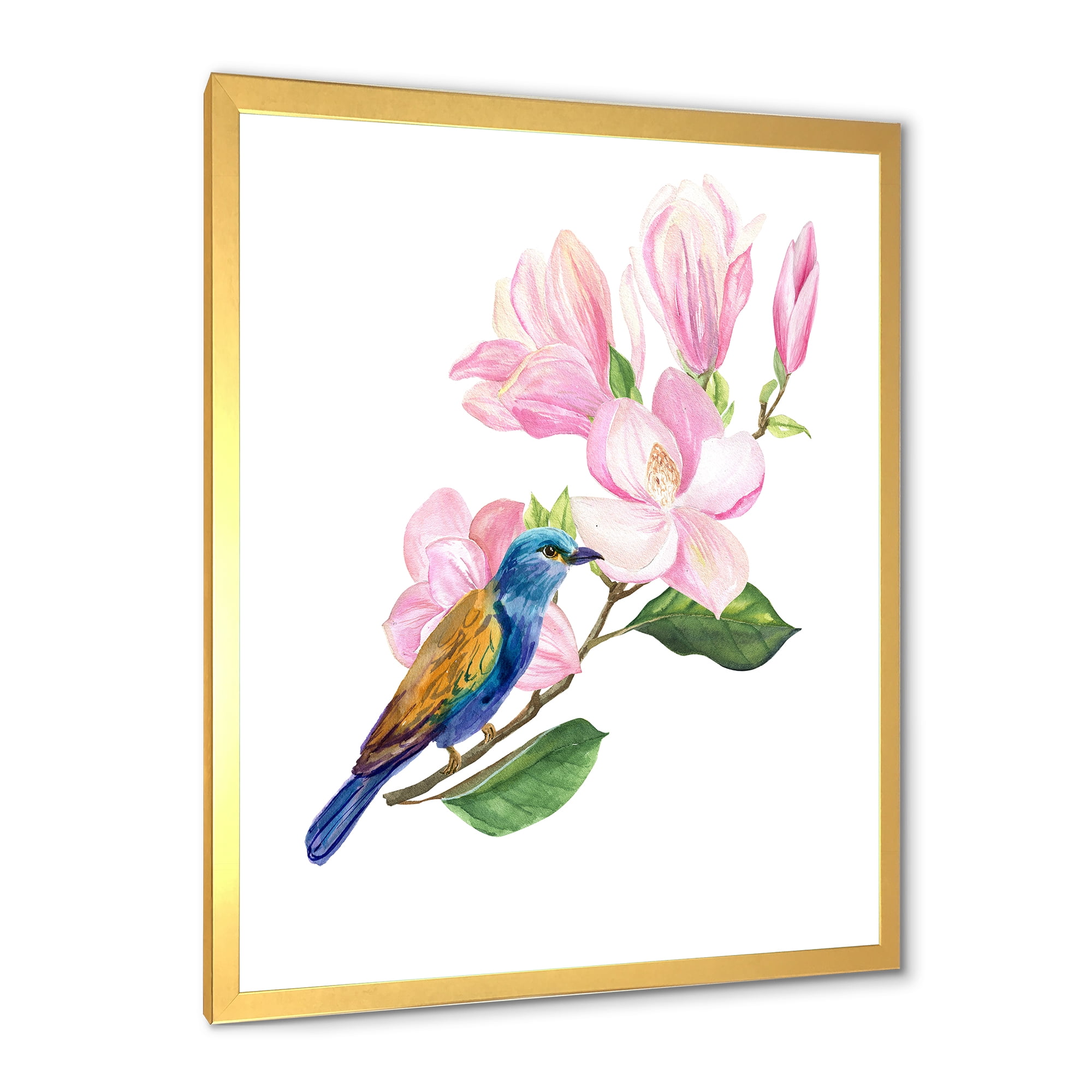 Designart 'Blue Bird Sitting On A Pink Magnolia' Traditional Framed Art Print