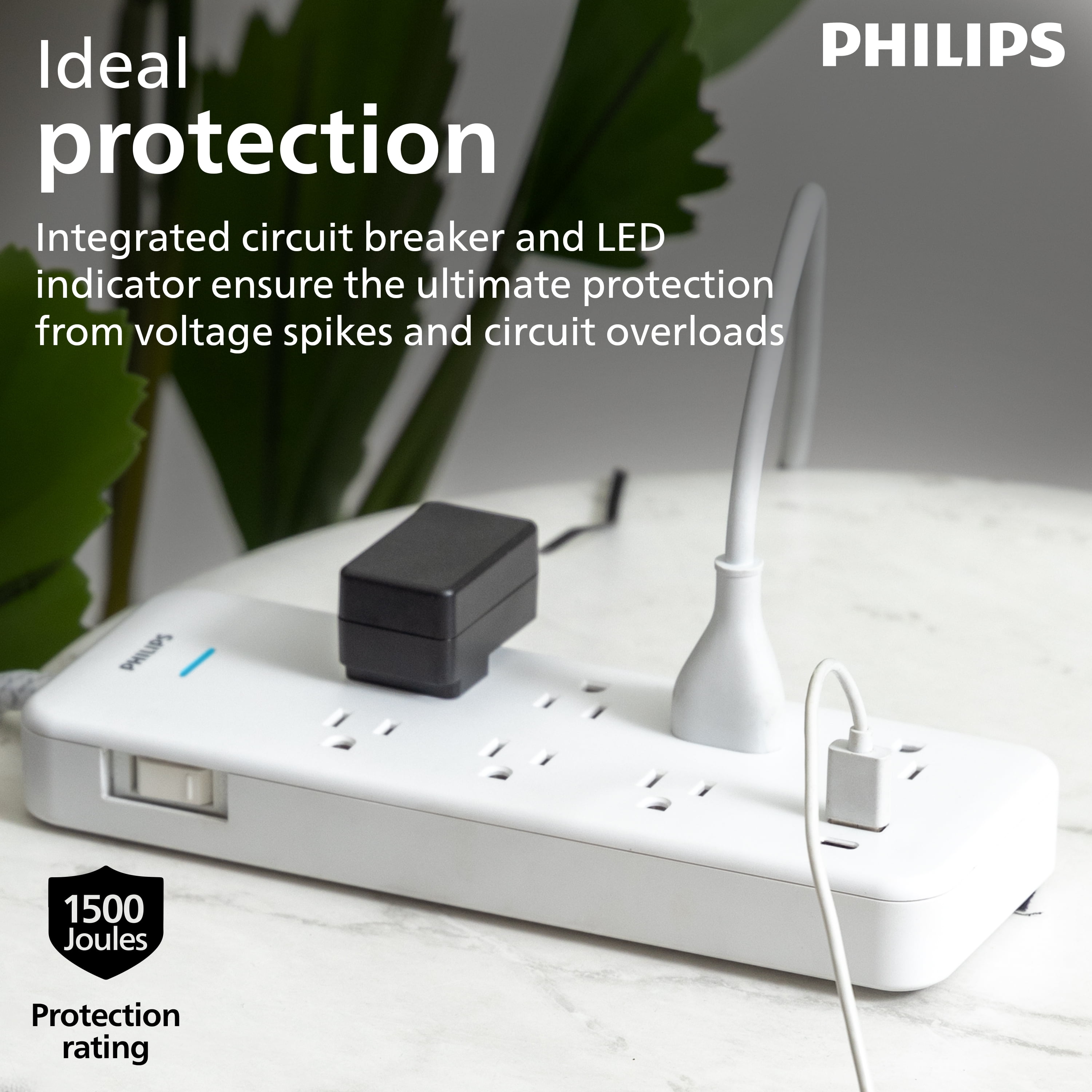 Philips 6-ft 7-Outlet Surge Protector, 1 USB-a, 1 USB-C, 15W, 1500J, Braided Cord, White