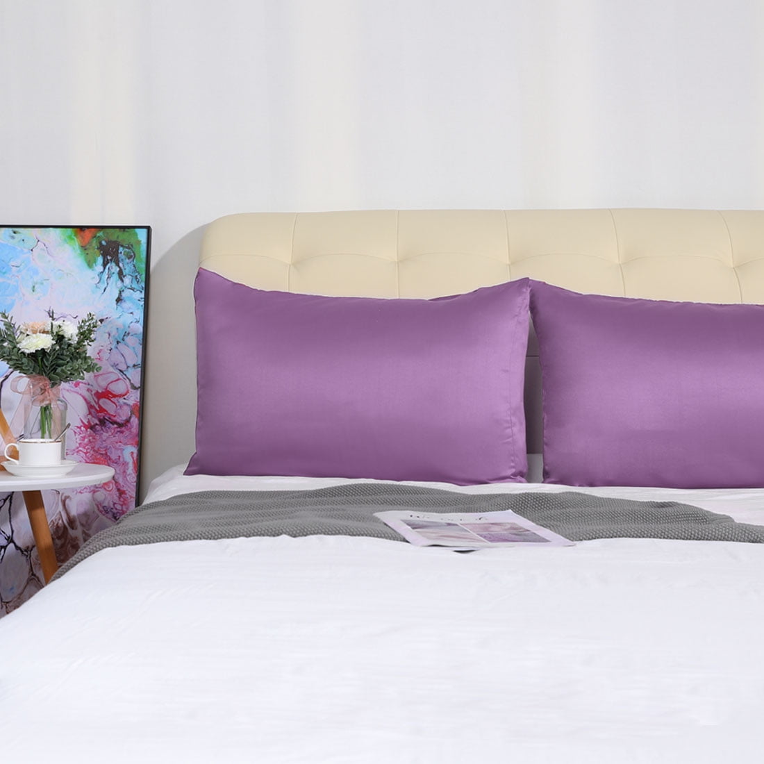 Unique Bargains Silky Satin Pillow Cases Covers Set of 2 Purple Queen