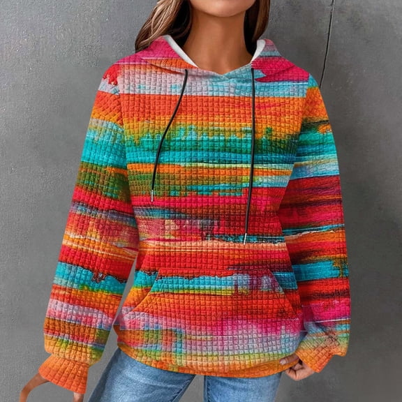 HOMBOM Tie-dye Womens Sweatshirts Fall Hooded Hooded Hot Pink Tops Waffle Hoodie Long Sleeve Soft Hoodie 3XL