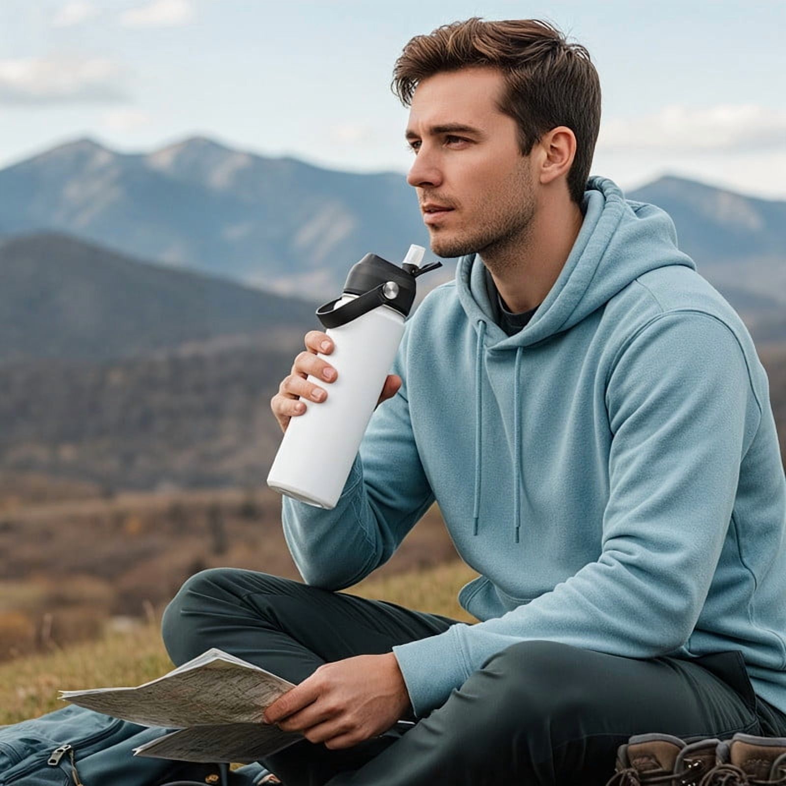 Daluvenix Stainless Steel Water Bottle with Straw Lid, 18oz Vacuum Insulated Water Bottles for Sports, Travel, White (2 Pack)