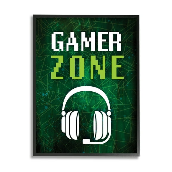 Stupell Industries Gamer Zone Headset Geometric Pattern Pixel Text Graphic Art Black Framed Art Print Wall Art, Design by Victoria Barnes