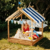 YIYADO  Wooden Sandbox with Shade Canopy & Playhouse Design, Brown