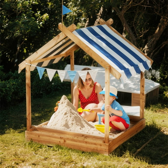 YIYADO  Wooden Sandbox with Shade Canopy & Playhouse Design, Brown