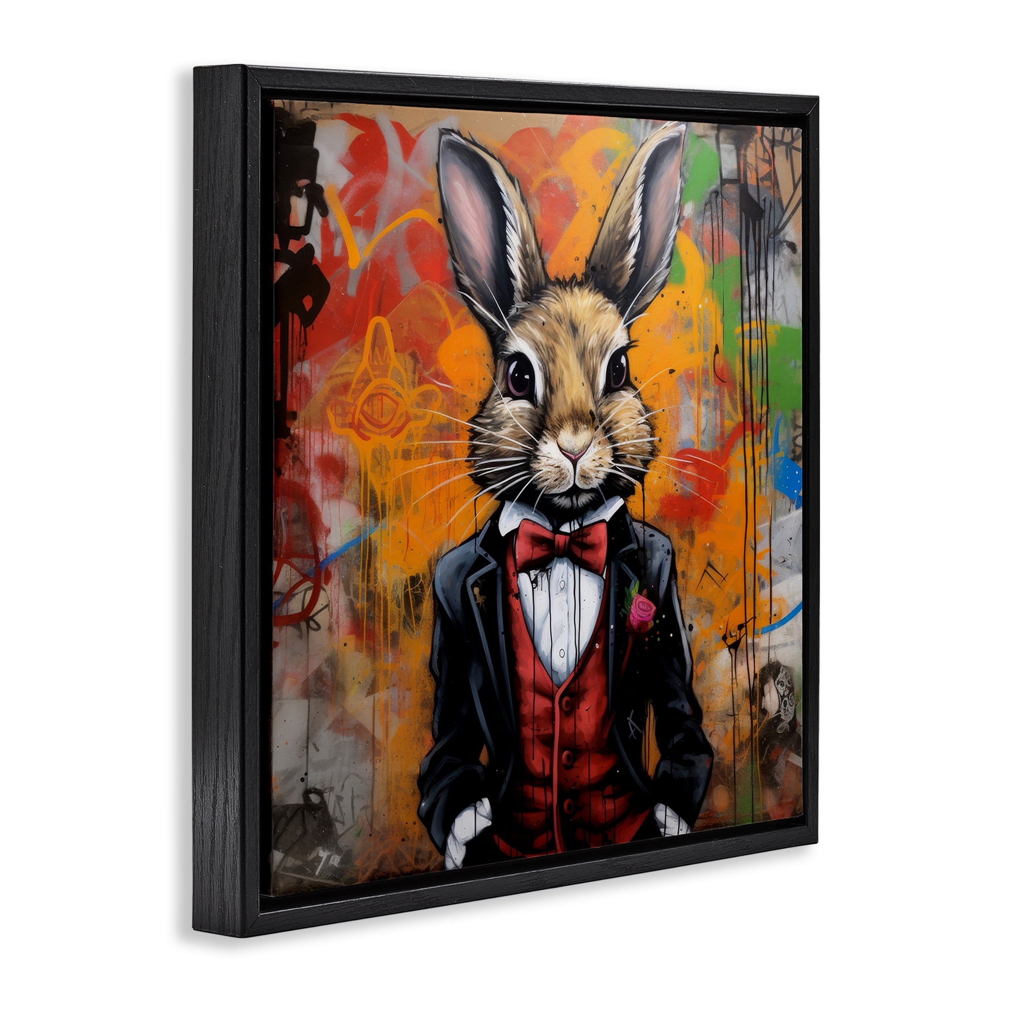 Stupell Industries Urban Graffiti Rabbit Animals & Insects Painting Black Floater Framed Canvas Art Print Wall Art, 25 x 25