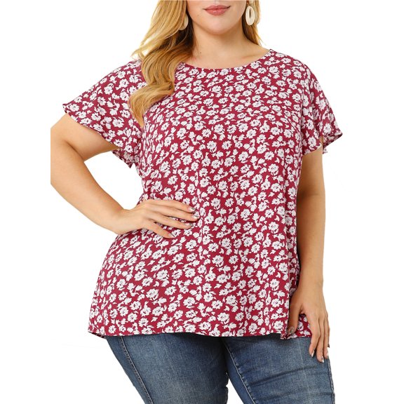 Unique Bargains Women's Plus Size Summer Floral Flutter Sleeve Round Neck Peplum Blouse