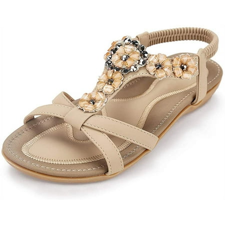 

Women Rhinestone Sandals Summer Boho Casual Flat Ankle T-Strap Thong Elastic Comfortable Flip Flops Beach Shoes Sandal