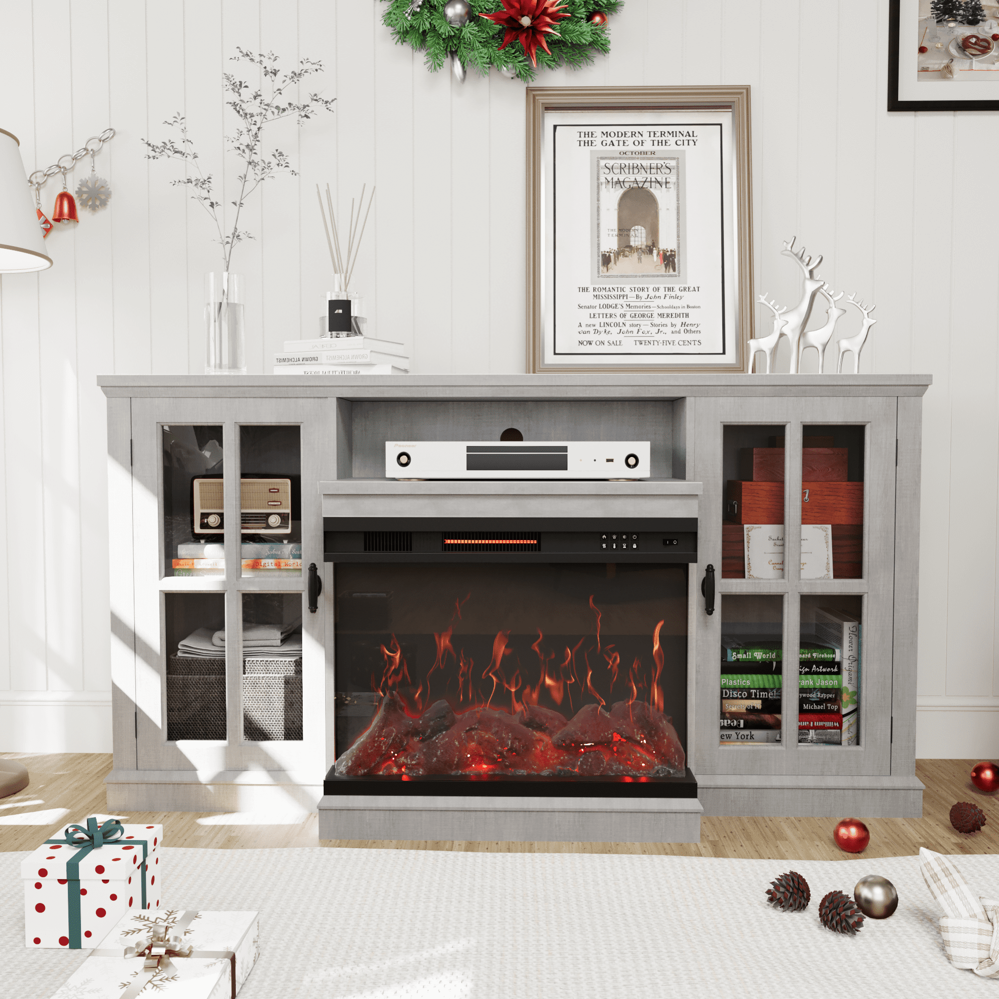 Homall Fireplace TV Stand for TVs up to 65" 3-Sided Glass Modern Media Entertainment Center with Cabniet Storage Adjustable Flame Color Fireplace,Gray