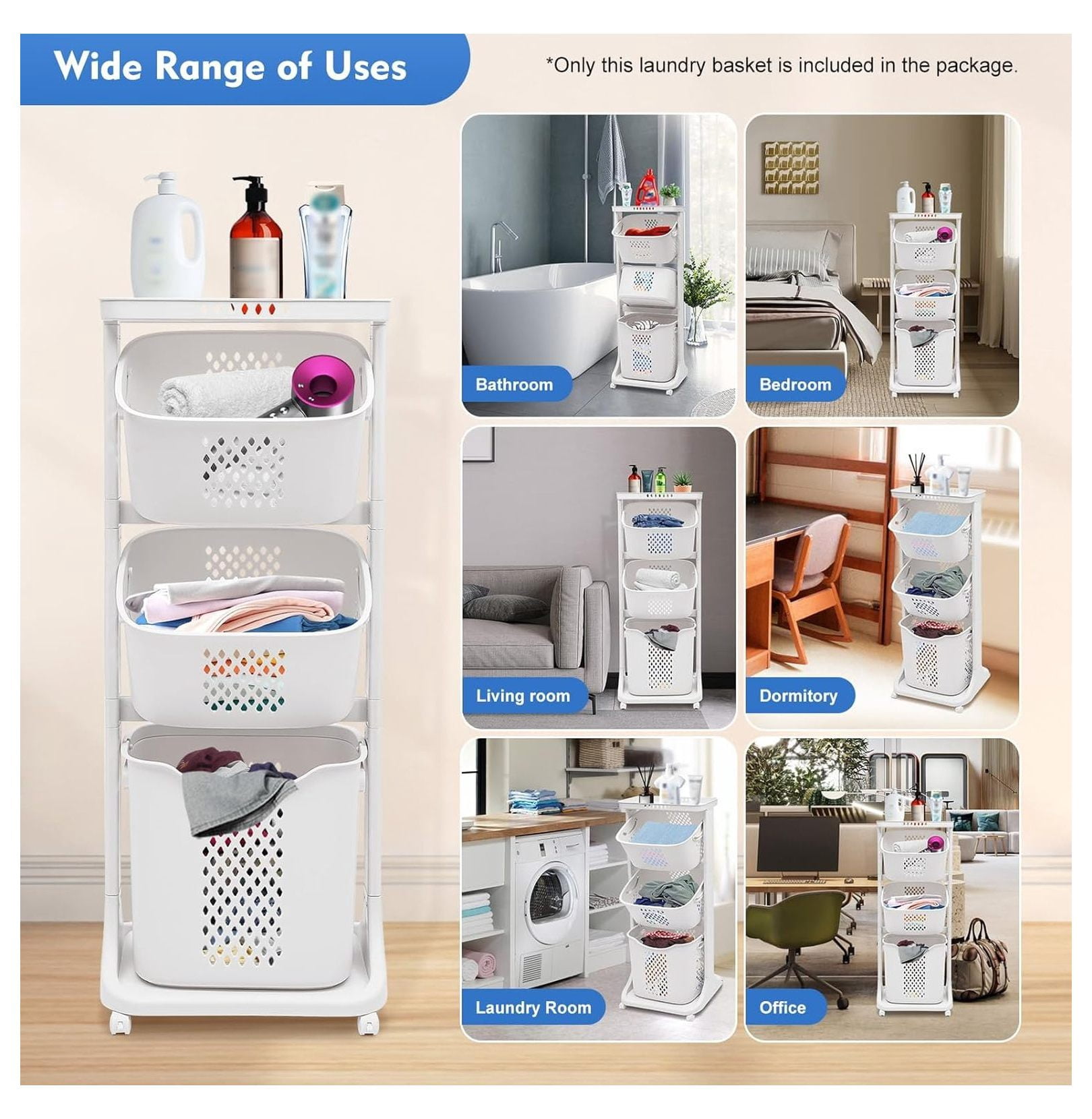 3 Tier Laundry Hamper, Rolling Laundry Sorter Basket 43.3'', Clothes Storage Organizer for Bathroom, Bedroom, 17.3x24x43.3 inches, PP Material