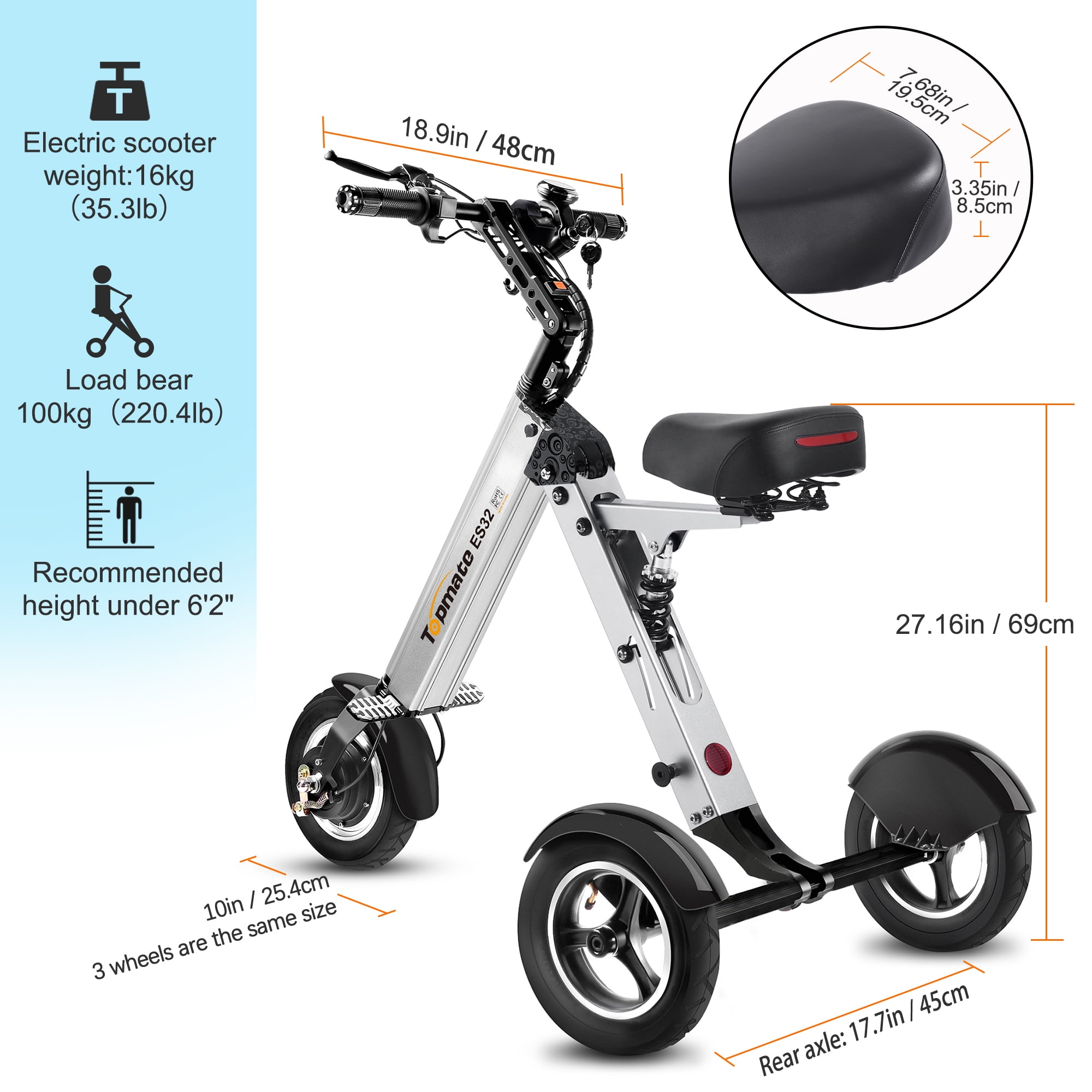 TopMate ES32 Electric Tricycle Foldable E-Scooter with Seat for Adults 15 mph, Lightweight 3 Wheel Mobility Scooter with Reverse Function and 10" Tires, Electric Trike for Commuting
