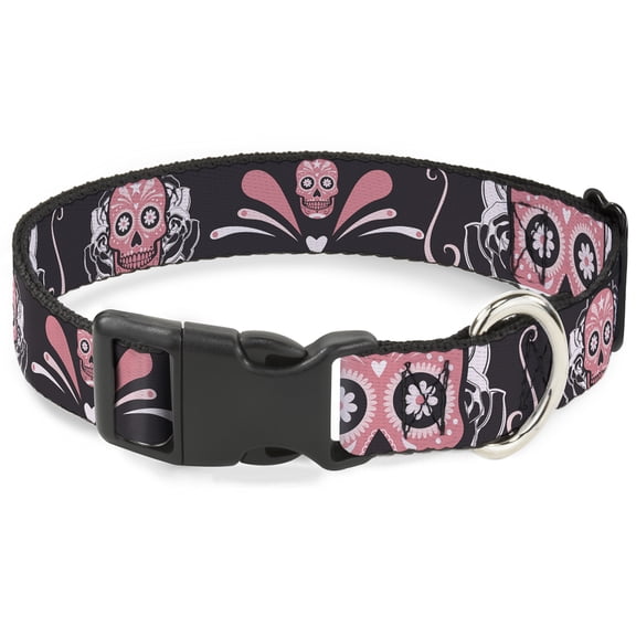 Buckle-Down Pet Collar, Dog Collar Plastic Buckle, Sugar Skulls Gray Pink, 7 to 8.5 Inches 0.5 Inch Wide