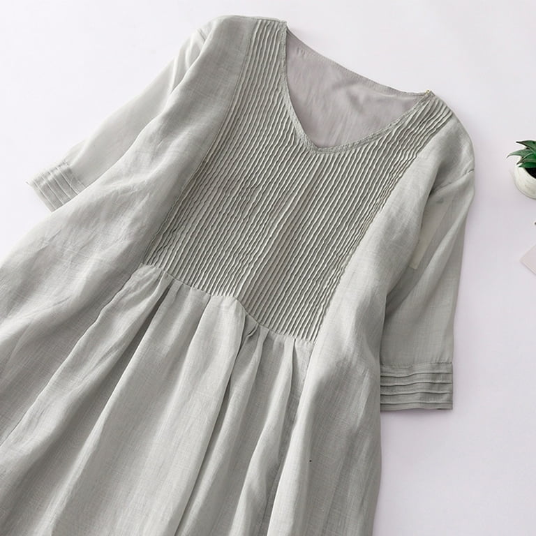 up to 60% off Gifts Usmixi Formal Dresses for Women Vintage Cotton Linen  Pleated Swing Loose Beach Long Dresses V-Neck Elbow-Length Solid Summer  Maxi Dress Gray XL