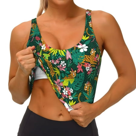 Qokaie Cute Tribal Leopards Pattern Womens Scoop Neck Sports Bra Breathable Workout Vest Padded U Back Medium Impact Fitness Gym Yoga Bra Workout Crop Top