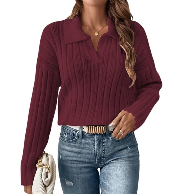 Suéteres de Punto para Mujer, Suéteres de Larga con Cuello en V, Camisetas Casuales, Conjuntos de Moda de Otoño Rojo Oscuro L
