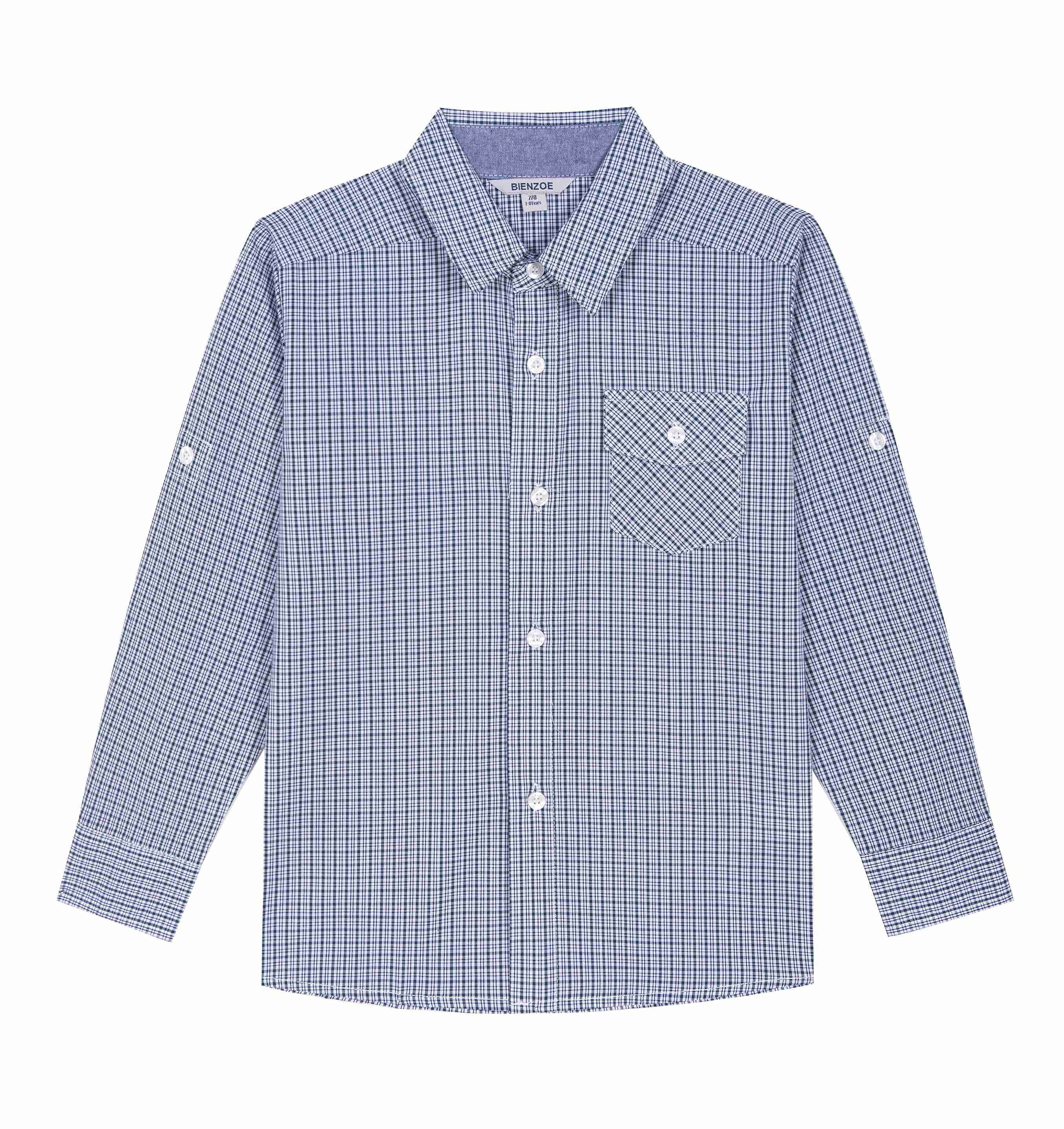 Bienzoe Boy's Cotton Plaid Roll Up Button Down Shirts Olives 3/4