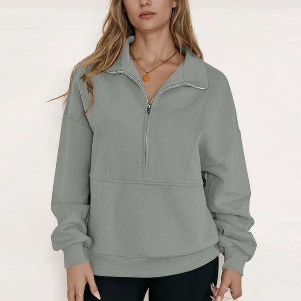 HongQid Women's Half Zip Sweatshirts Fleece Stand Collar Long Sleeve Oversized Pullovers with Pockets