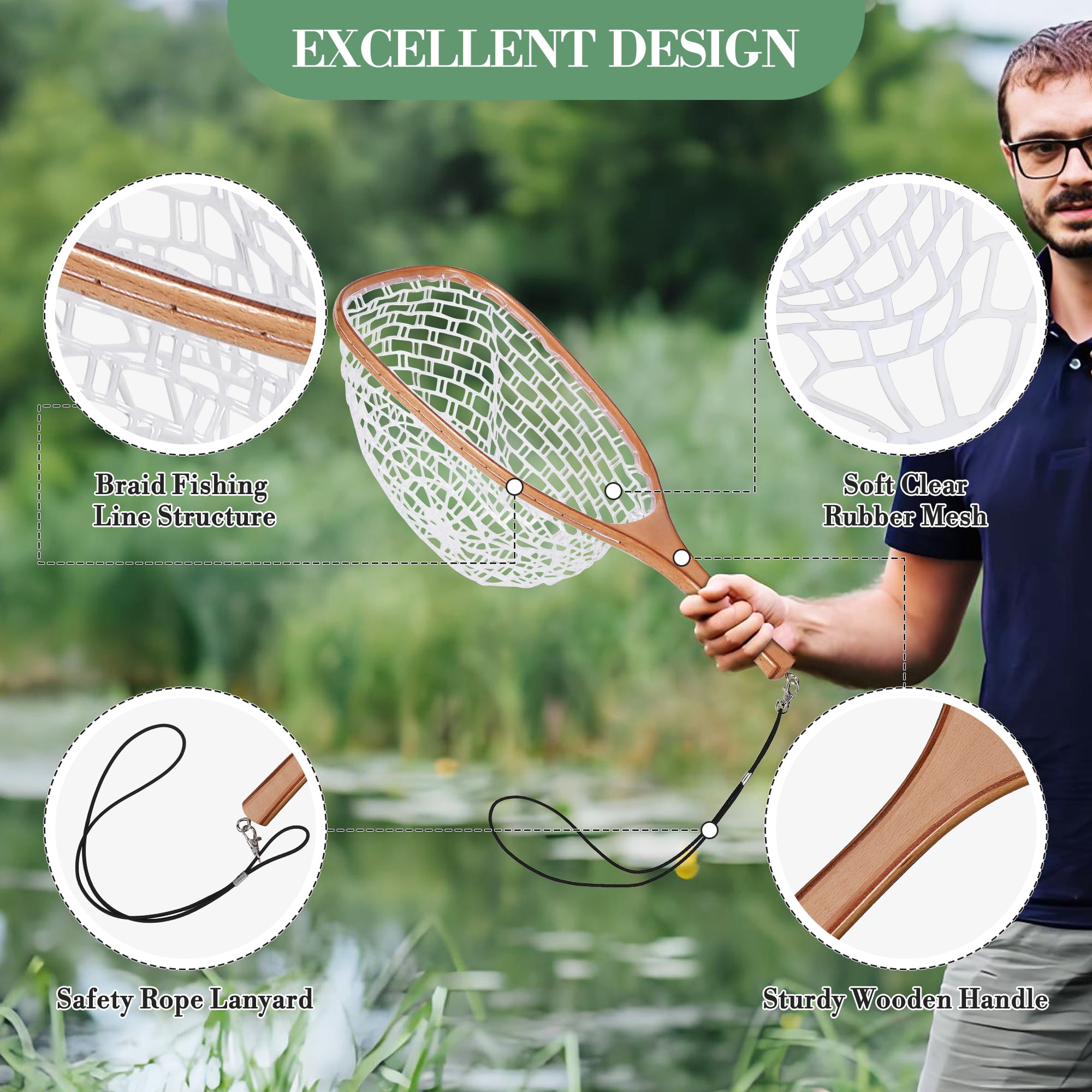 Superior Fly Fishing Landing Net – Lightweight & Durable – Rubber-Coated Fine Mesh – Wooden Ergonomic Handle