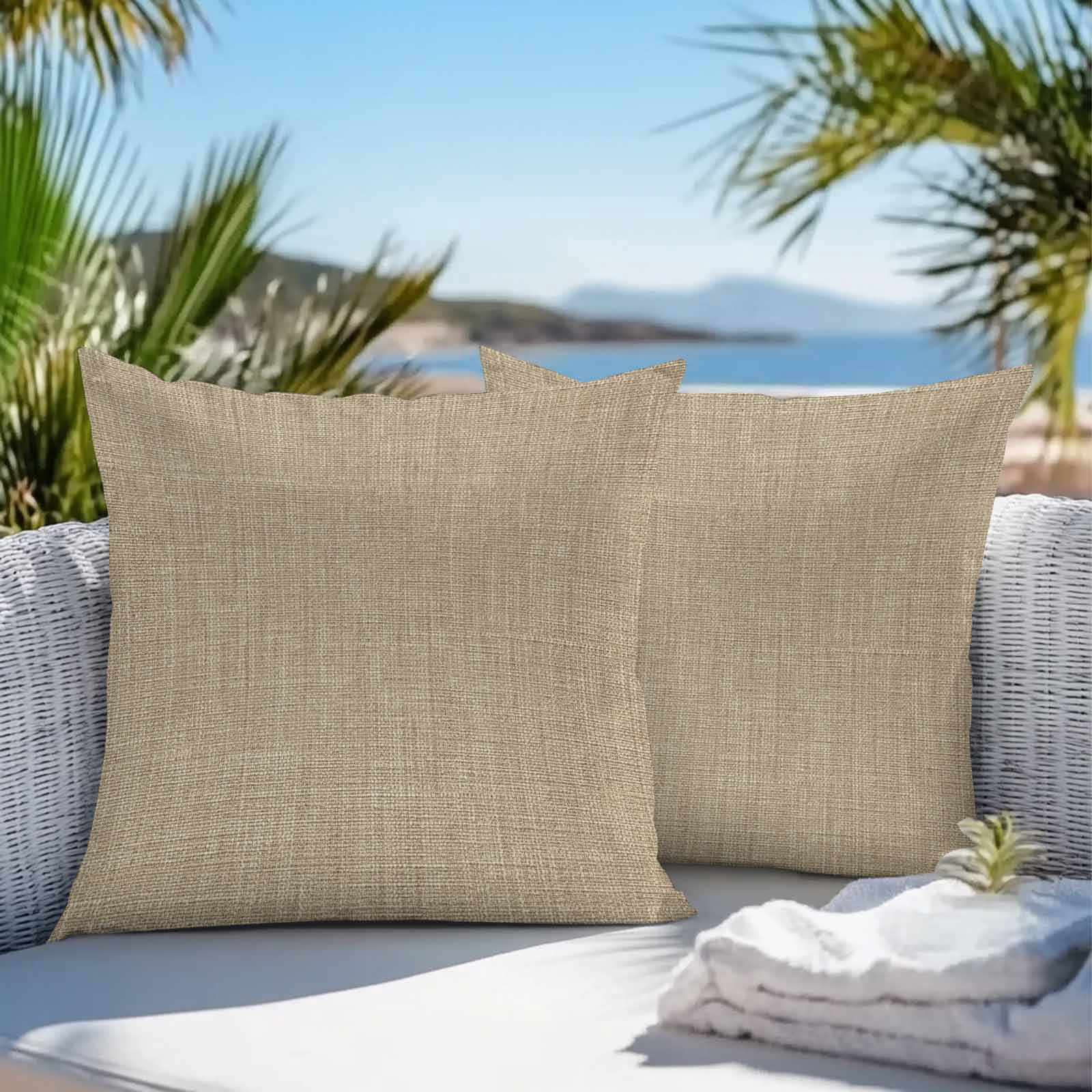 Beige Throw Pillow Covers 20x20 Inch Set of 2, Farmhouse Burlap Solid Brown Color Modern Linen Texture Waterproof Outdoor Pillow Covers, Decorative Cushion Pillowcases for Couch, Sofa, Bed, Patio
