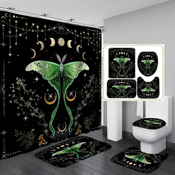 4PCS Gold Sun and Moon Shower Curtain Set, Boho Bohemian Aesthetic Mandala Mystic Stars Celestial Bathroom Decor, Waterproof Fabric Black Shower Curtain, Non-slip Bath Mat Bathroom Rugs