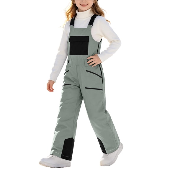 Boys and Girls Insulated Ski Bib Overalls, Adjustable Strap Windproof Snow Pants with Pockets for Winter Sports, Army Green, 4 Years