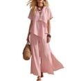 thumbnail image 2 of Women Linen Sets 2 Piece Outfits Short Sleeve Asymmetrical Shirt Split Wide Leg Pants 2026 Summer Trendy Boho Pant Suits,Pink L, 2 of 8