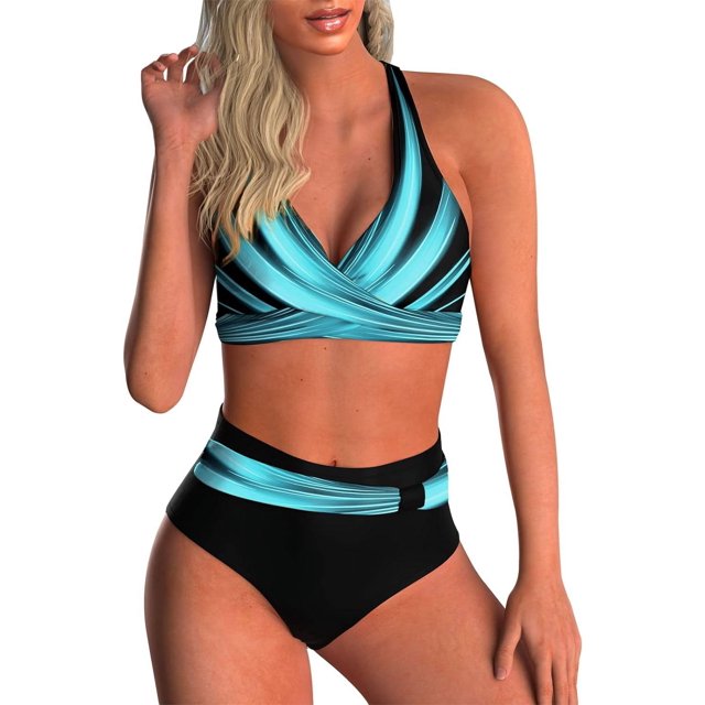 LAICAIW Womens Two Piece Swimsuits Wrap Front Bikini High Waisted Bottom Tummy Control Bathing Suits Vintage Print Swimwear