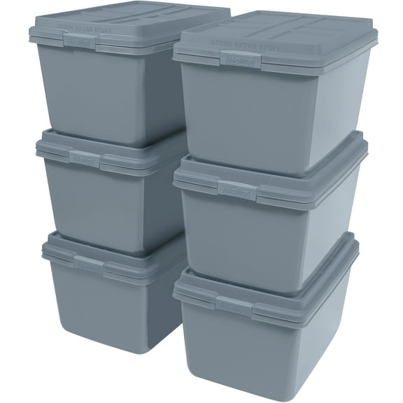 Hefty 18 Gallon Plastic Storage Tote, Smoke Blue, Set of 6