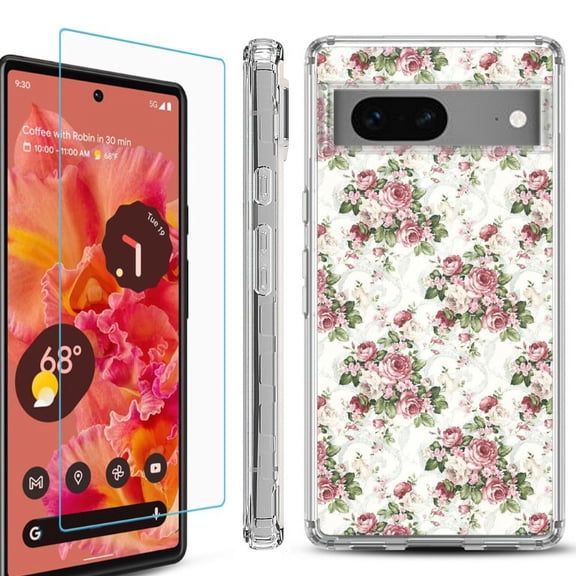 OneToughShield ® Compatible with Google Pixel 8, Shockproof Phone Case, with Tempered Glass Screen Protector - Floral/Rose