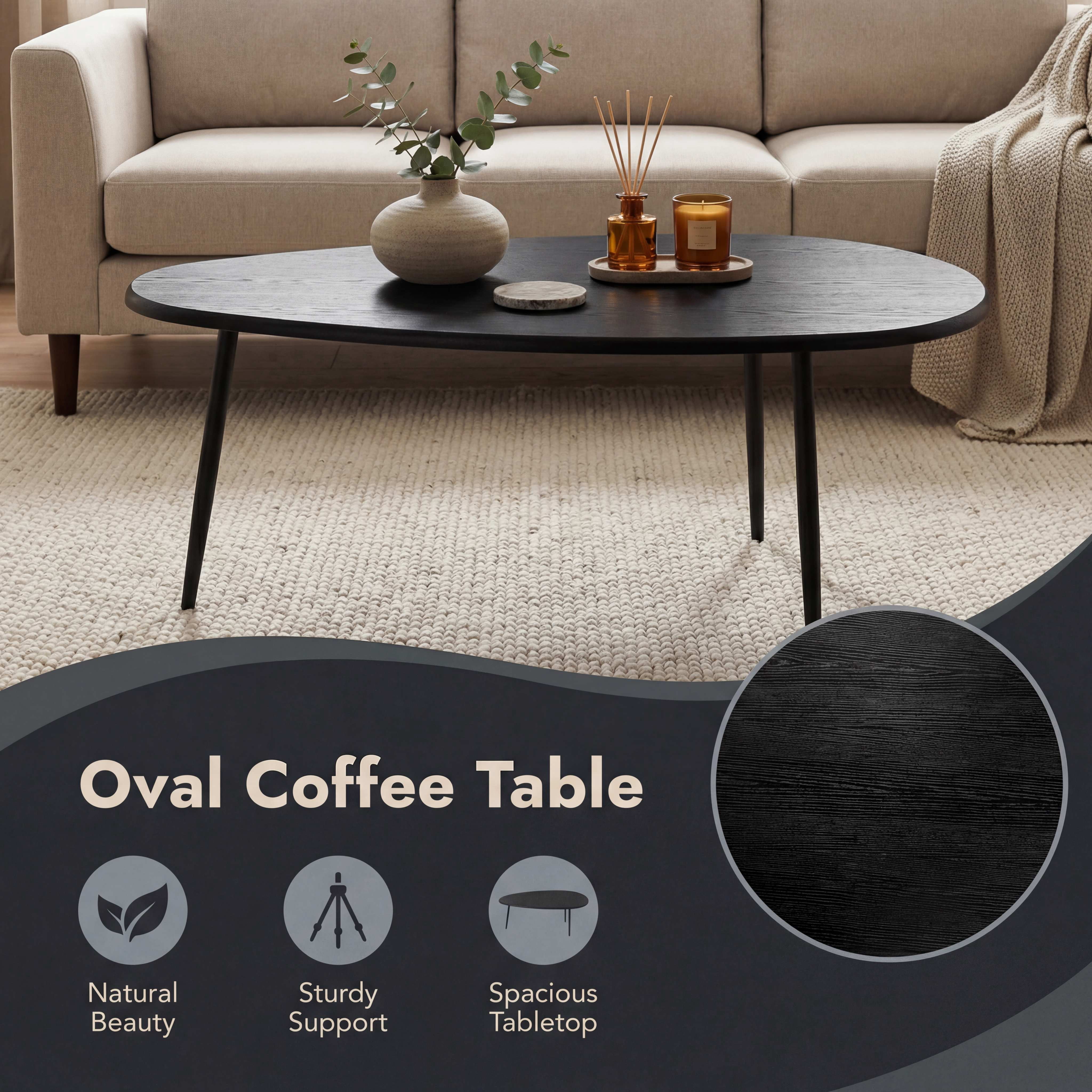 ELLEGNT Oval Coffee Table,Mid-Century Modern Center Table with Sturdy Metal Frame, Compact Retro Sofa Table for Living Room