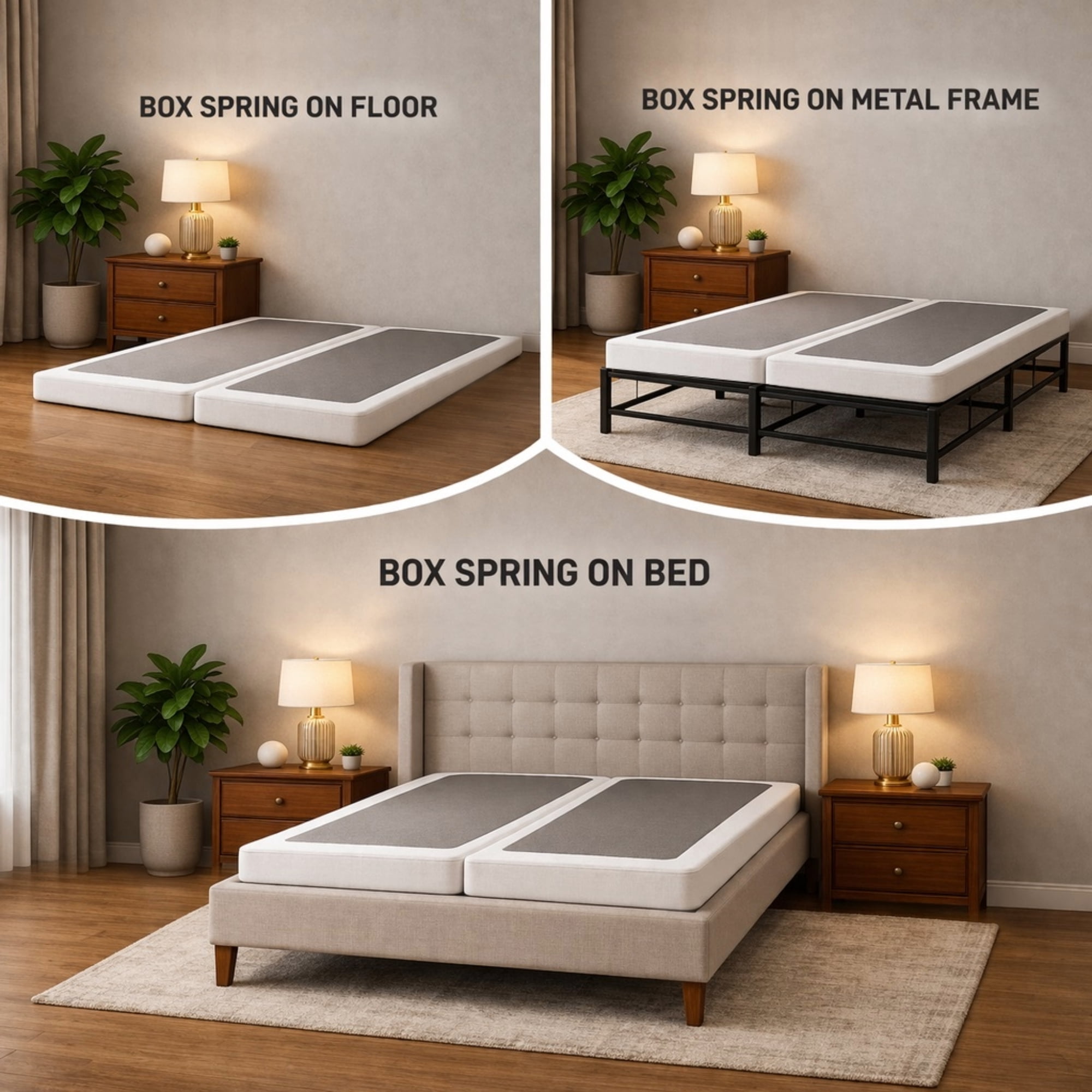 Continental Sleep, Box Spring Bed Base Full Size, 1.5-Inch Wood Mattress Foundation, Quiet Noise Free, 2-Pieces Under Mattress Support BoxSpring, Fully Assembled, White