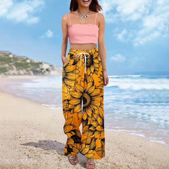 PEXLYCLU Lounge Pants Women, Boho Pants, Womens Lounge Pants, Boho Wide Leg Pants for Women Flowy Drawstring Floral Palazzo Pants Baggy Tropical Hawaiian Pull On Beach Pant, Black L