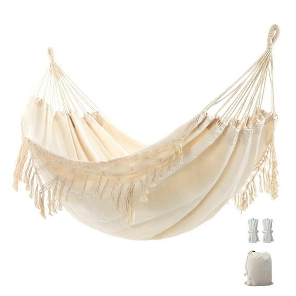 Double Boho Macrame Hammock with Elegant Tassels for Patio, Yard, Beach Wedding Decor, Outdoor and Indoor Up to 450lbs Include Tie Ropes and Drawstring Bag