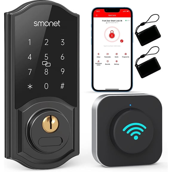 WiFi Smart Door Lock, SMONET Fingerprint Keyless Entry Keypad Deadbolt with Gateway Remote Control Digital Front Door Lock Bluetooth Electronic Auto Lock Touchscreen Work with Alexa Code for Home Air
