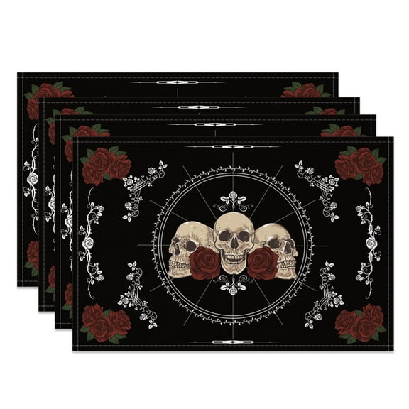 SUNOLIFE Halloween Skull Placemats Set of 4,Rustic Horror Skeleton Fabric Table Place Mats 12x18 inch
