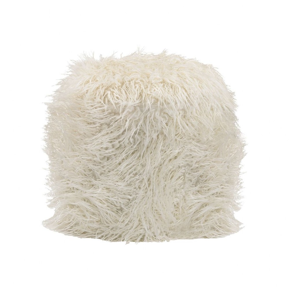 Retro White Shag Fur Ottoman Made Of Faux Fur, Metal In Silver, White