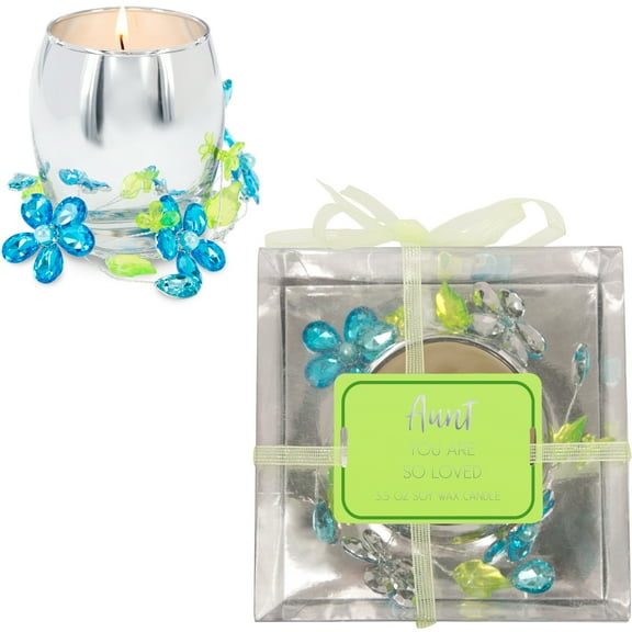 Pavilion Gift Company 3.5 Oz Jasmine Scented Candle with Blue & Green Glass Flower Wreath Aunt You are So Loved, 3.5 Ounce, Green