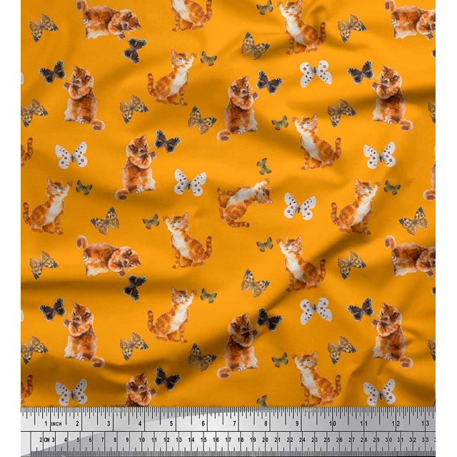 Soimoi Orange Rayon Crepe Fabric Insect & Cat Animal Printed Craft Fabric by The Yard 46 Inch Wide