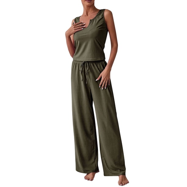 Blusa sin mangas con cuello en V informal para mujer a la moda + Pantalones largos Conjuntos sólidos de verano Wmkox8yi bvn547