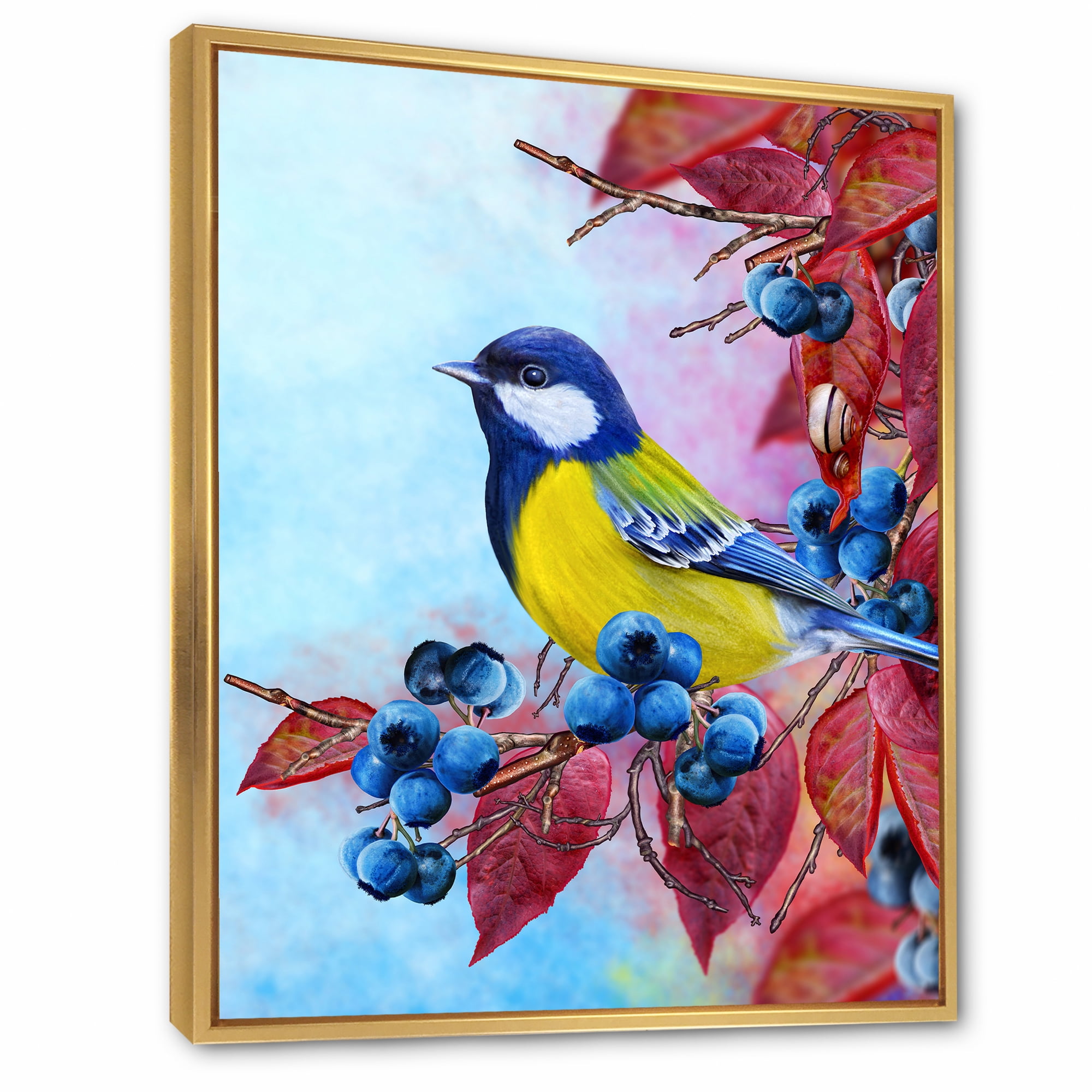 Bright Bird Bullfinch Sitting On A Branch of Berries II 30 in x 40 in Framed Painting Canvas Art Print, by Designart