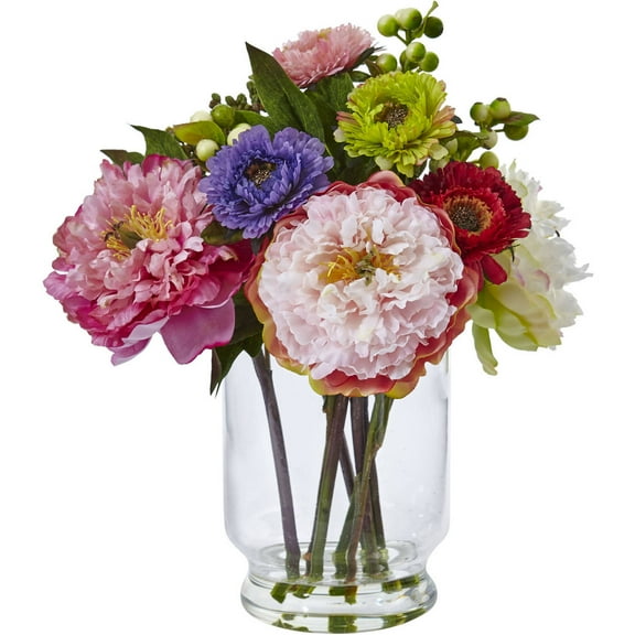 Nearly Natural Peony and Mum in Glass Vase