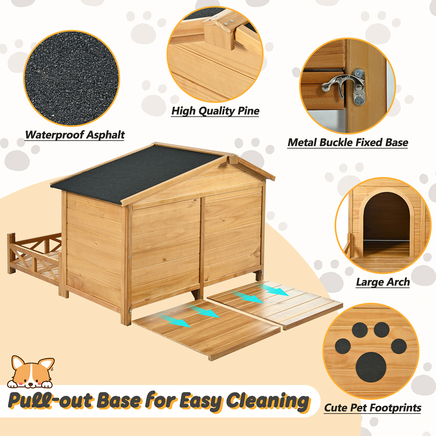 Pefilos 48" Large Wooden Dog House for Outdoor and Indoor, Cat Shelter with Doors and Porch, Cabin Style Pet Kennel for Medium Dogs, Gray