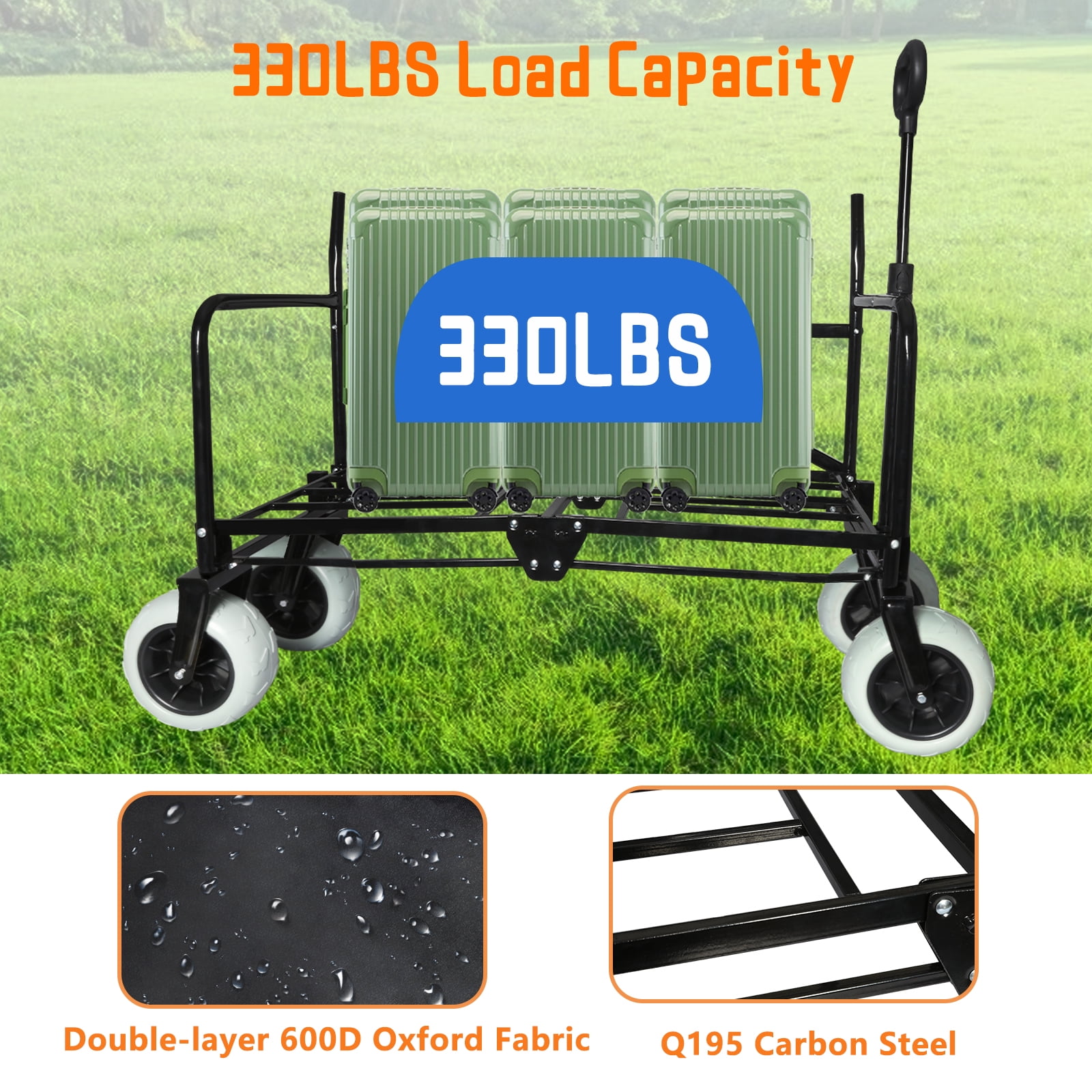 HOUGEET 2-in-1 Foldable Beach Wagon Chair, Heavy Duty Wagon Cart with 7'' All-Terrain Wheels, Convertible Wagons Carts Bench Seat for Adults, Camping & Outdoor Use (Black)