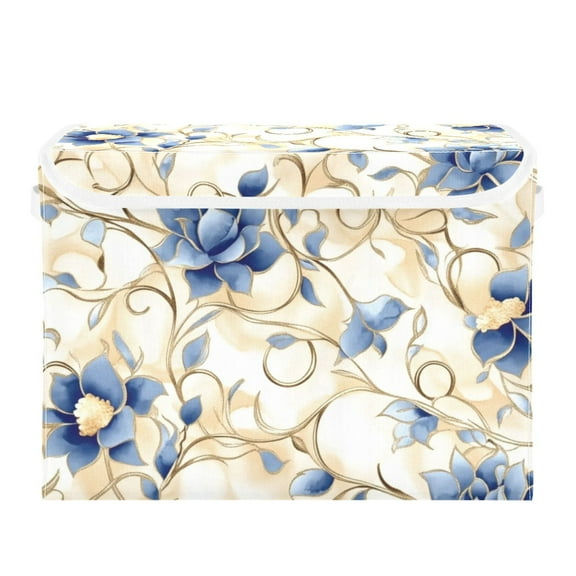 Blue Flowers on Beige Background Large Storage Bins with Linen Collapsible Lid Storage Box 16.7 x 12.6 x 11.8in