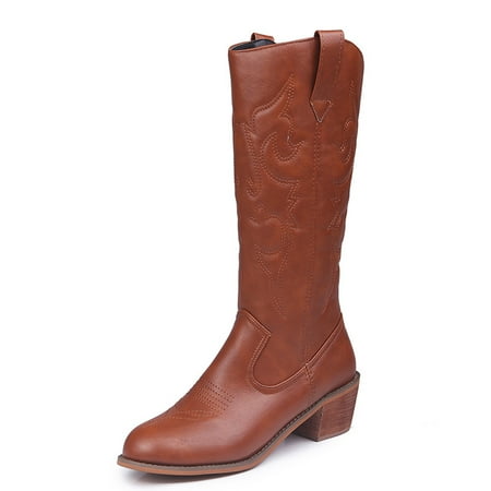 

asdoklhq Womens Boots Clearance Under $20 Embossing Pattern Mid Heel Zipper Leather High Boots