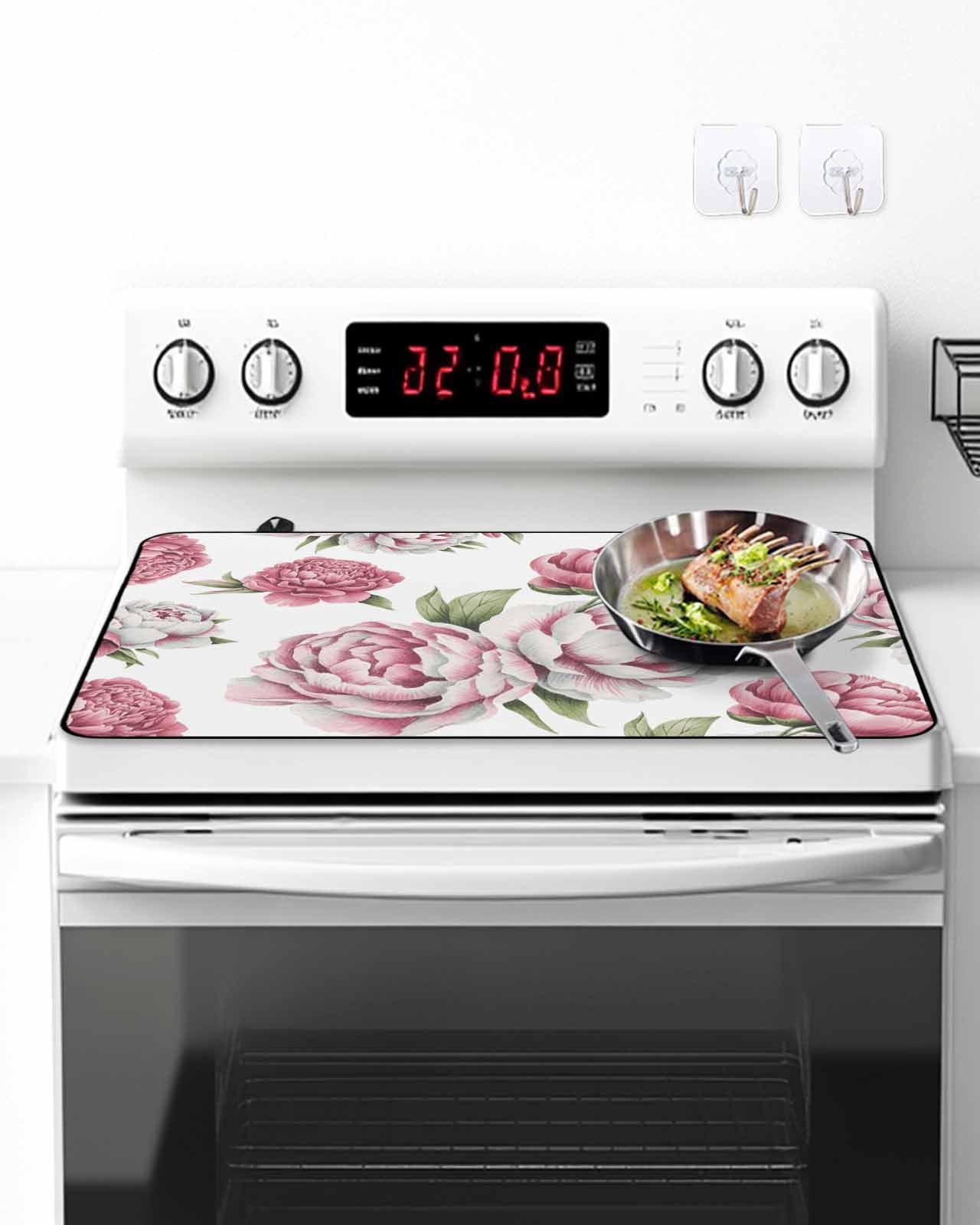 Stove Top Covers for Electric Stove, Pink Floral Glass Stovetop Cover Protector, Spring Summer Modern Flower Leaf Induction Cooktop Protector Oven Mat for Kitchen Countertop 24"x21"