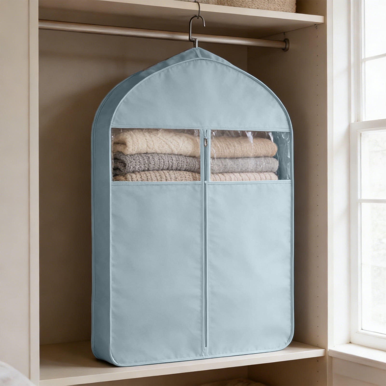 Weloille Garment Bag for Travel and Storage with Transparent Window, Foldable Waterproof Paper Material, for Hanging Clothes Coats Jackets Shirts, Gray Pink Blue