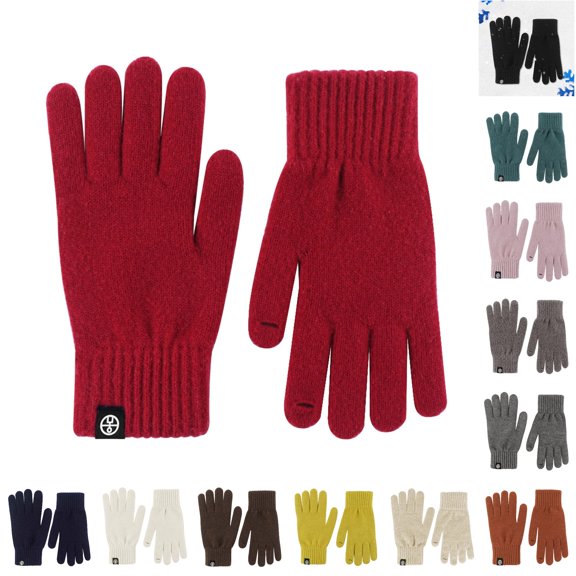 HNMKIU Couples Winter Outdoor Thermal Wool Knitted Gloves with Touchscreen for Adults Solid Color Unisex Warmth Red - One Size